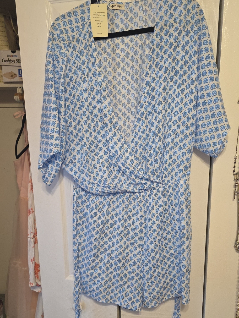 Cupshe Light Blue White Floral Wrap Mini Dress